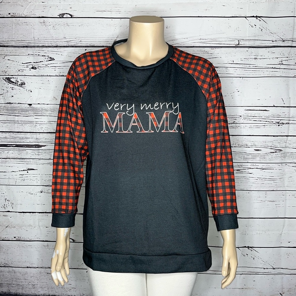 Sunshine Swing Size 3X Buffalo Check - Very Merry Mama Christmas Knit Top Shirt